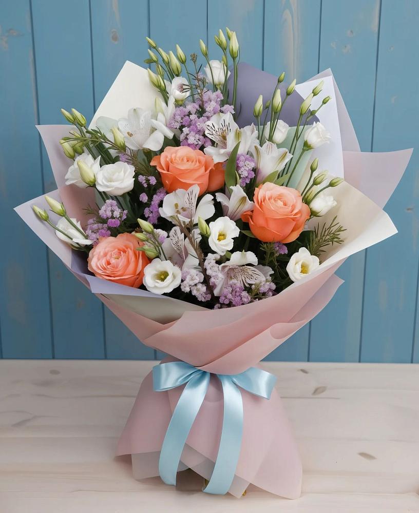 Букет цветов из: Лизиантусы, Розы, Альстромерии и Гипсофила в Нововеличковской