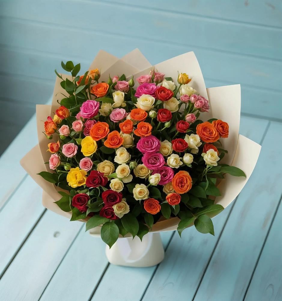 Букет Микс из разноцветных кустовых роз в Нововеличковской